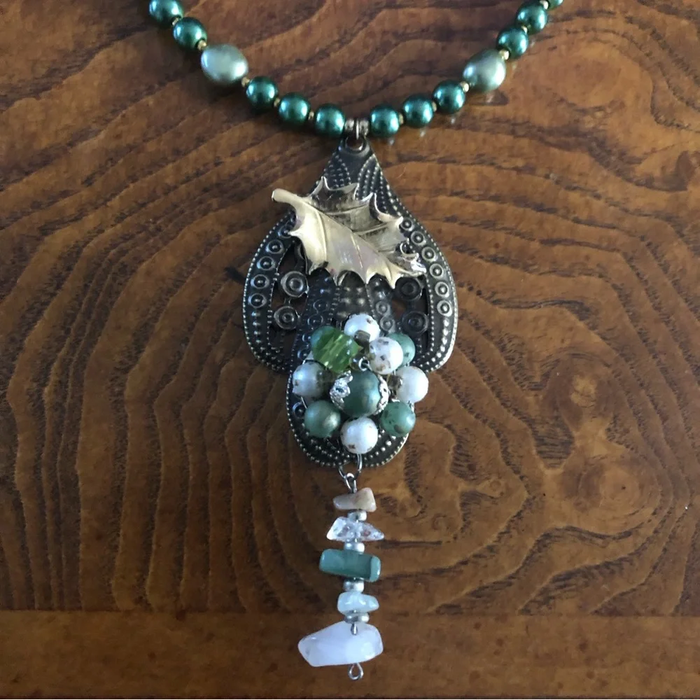 Handcrafted repurpose sage freshwater brass pendant Czech glass Pearl necklace